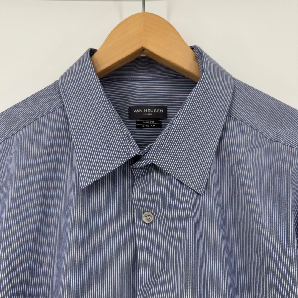 Van Heusen Slim Fit 17 32/33 Stretch Blue Striped Long Sleeve Button Down Shirt